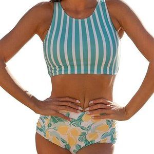 Women Athletic Two Piece Swimsuits Sports High Waisted Bathing Suit Crop Tops S